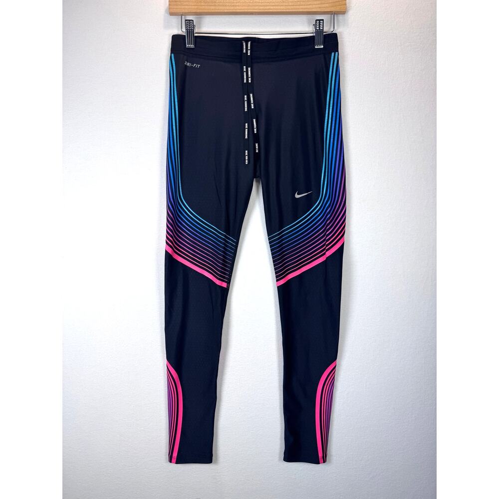 Nike Power Speed Run Leggings Womens Striped Small Black Dri Fit Tights